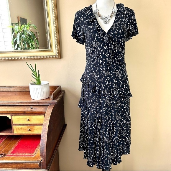 JOIE Orita Caviar Black Ruffled Floral Midi Dress Tiered Surplice V-Neck Size 6 - Picture 4 of 16